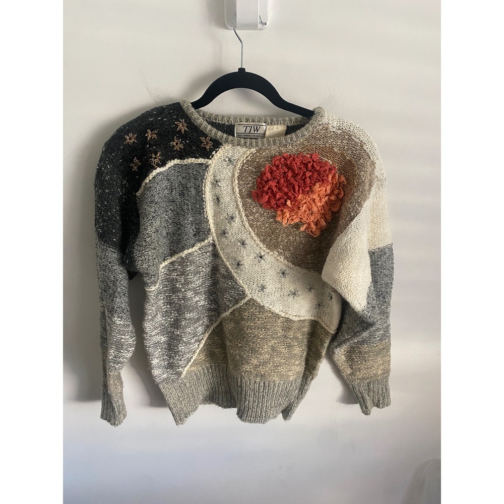 TJW‎ Mervyns 90s Patchwork Sweater Embellished Flowers Knit Size L Women